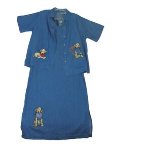 Vintage Denim Jumper Dress Take Two Clothing Co. Patriotic Flag Usa Dog Print XL